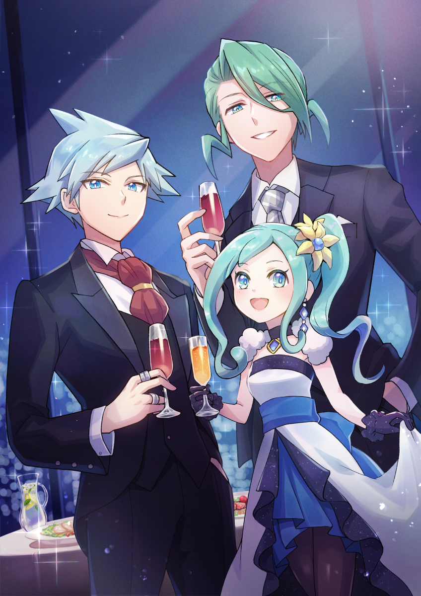 1girl 2boys :d alternate_costume aqua_eyes bangs black_gloves black_jacket black_vest blue_eyes champagne_flute closed_mouth collared_shirt commentary_request cup dress drinking_glass earrings food gloves green_hair hand_up highres holding indoors jacket jewelry jug lisia_(pokemon) multiple_boys necktie open_mouth plate pokemon pokemon_(game) pokemon_oras ponytail ring shirt short_hair smile sparkle steven_stone table uncle_and_niece vest wallace_(pokemon) white_shirt window zeroki_(izuno)