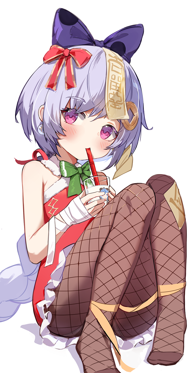 1girl bangs blue_bow blue_hair blush bow cup dress drinking_straw drinking_straw_in_mouth earrings fishnet_pantyhose fishnets genshin_impact hair_bow hair_ribbon highres holding holding_cup jewelry knees_up looking_at_viewer orobou pantyhose purple_eyes qiqi_(genshin_impact) red_ribbon ribbon santa_dress simple_background sitting solo talisman white_background