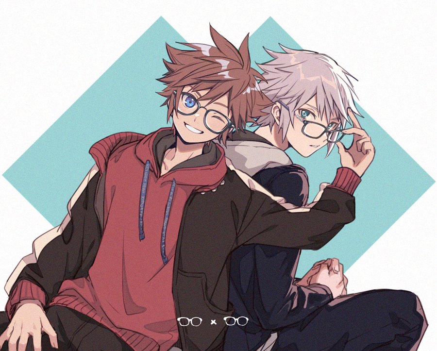 2boys adjusting_another's_eyewear aqua_eyes black_jacket black_pants blue_eyes brown_hair glasses grey_hair grin hair_between_eyes hood hood_down hoodie jacket kingdom_hearts kingdom_hearts_iii long_sleeves looking_back male_focus multiple_boys one_eye_closed pants parted_lips red_hoodie riku_(kingdom_hearts) short_hair smile sora_(kingdom_hearts) spiked_hair teeth track_jacket upper_body yurichi_(artist)