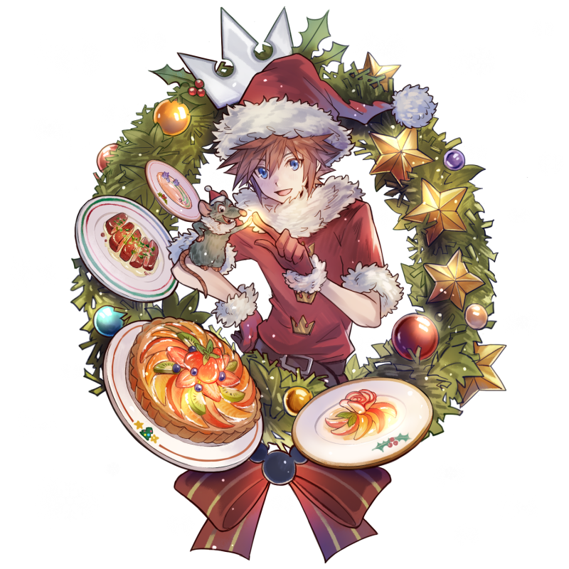 1boy blonde_hair blue_eyes christmas food fur-trimmed_gloves fur-trimmed_headwear fur-trimmed_jacket fur_trim gloves hair_between_eyes hand_on_hip hat jacket kingdom_hearts mouse open_mouth plate ratatouille red_gloves red_headwear red_jacket remy_(ratatouille) santa_costume santa_hat short_hair short_sleeves smile snowflakes sora_(kingdom_hearts) spiked_hair upper_body wreath yurichi_(artist)