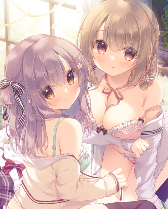 2girls bangs black_skirt black_thighhighs bow bow_bra bra braid breasts brown_cardigan brown_eyes brown_hair brown_ribbon cardigan cleavage closed_mouth commentary_request curtains day flower frilled_bra frilled_panties frills green_bra green_panties grey_hair hair_between_eyes hair_bow hair_flower hair_ornament hairclip indoors large_breasts long_sleeves looking_at_viewer looking_back multiple_girls neck_ribbon off_shoulder open_clothes open_shirt original panties petals pink_bra pink_flower pink_panties red_bow ribbon sailor_collar school_uniform serafuku shirt skirt skirt_removed sleeves_past_wrists smile striped striped_bow thighhighs underwear white_cardigan white_sailor_collar white_shirt window x_hair_ornament yukie_(peach_candy)