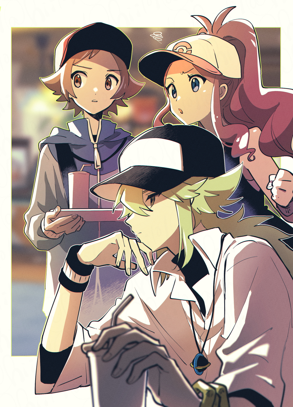 1girl 2boys :o antenna_hair bangle bangs baseball_cap black_headwear black_undershirt black_wristband blue_jacket blurry bracelet brown_eyes brown_hair clenched_hand closed_mouth collared_shirt commentary_request cup disposable_cup drinking_straw green_hair hat high_ponytail highres hii_(hii101) hilbert_(pokemon) hilda_(pokemon) holding holding_tray jacket jewelry long_hair long_sleeves multiple_boys n_(pokemon) necklace parted_lips pokemon pokemon_(game) pokemon_bw shirt sidelocks squiggle tray undershirt white_shirt wristband zipper_pull_tab