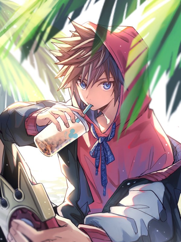 1boy blue_eyes brown_hair bubble_tea cup disposable_cup drinking drinking_straw drinking_straw_in_mouth hair_between_eyes holding holding_cup hood hood_up hoodie jacket jacket_partially_removed kingdom_hearts long_sleeves looking_at_viewer male_focus palm_tree red_hoodie short_hair solo sora_(kingdom_hearts) spiked_hair tree upper_body yurichi_(artist)