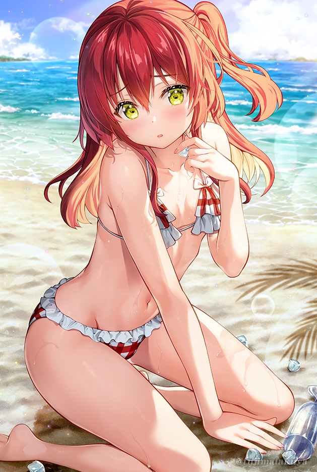 1girl bangs bare_arms bare_shoulders beach bikini blurry blurry_background blush bocchi_the_rock! breasts collarbone commentary_request frilled_bikini frills fujima_takuya hair_between_eyes holding ice ice_cube kita_ikuyo kneeling lens_flare light_rays long_hair looking_at_viewer navel one_side_up outdoors parted_lips plaid plaid_bikini red_hair sidelocks small_breasts solo stomach swimsuit twitter_username wet yellow_eyes