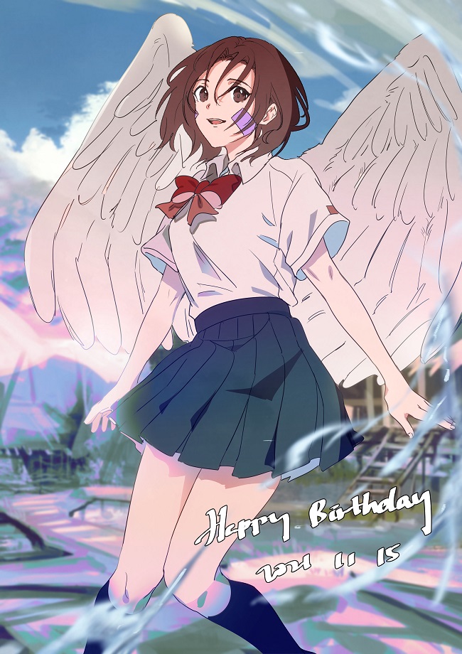 1girl 2021 :d alternate_costume angel_wings bangs blue_socks blurry blurry_background bow bowtie brown_eyes brown_hair collared_shirt dated day facial_mark feathered_wings grey_skirt hair_between_eyes happy_birthday kneehighs medium_hair miniskirt naruto_(series) naruto_shippuuden nohara_rin open_mouth outdoors pleated_skirt red_bow red_bowtie school_uniform shirt short_sleeves sketch skirt smile socks solo utu310 white_shirt white_wings wing_collar wings
