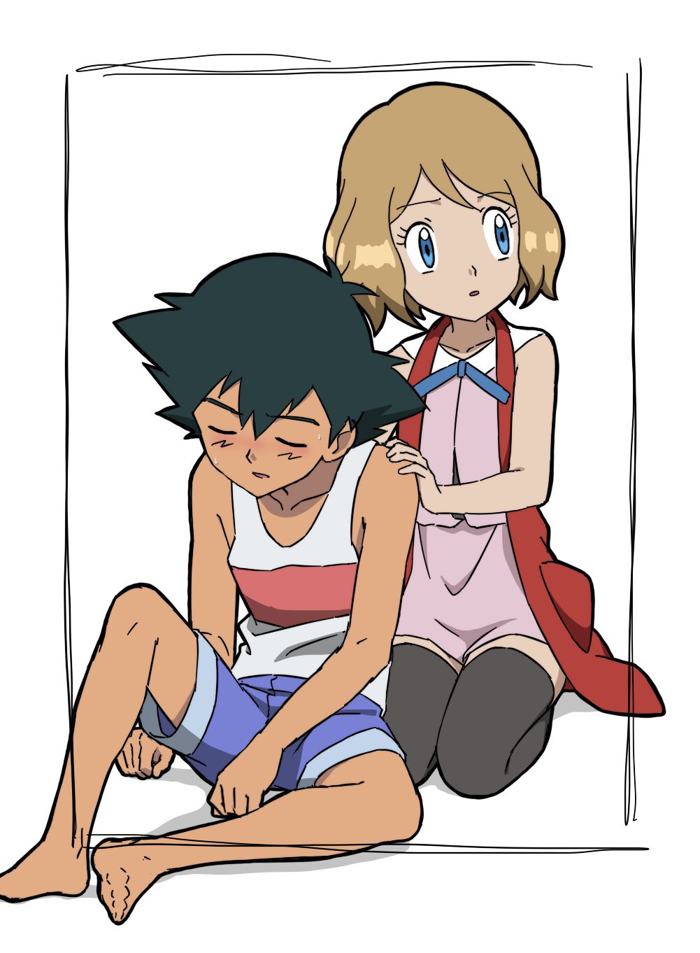1boy 1girl ash_ketchum bangs bare_arms barefoot black_hair blonde_hair blue_eyes blue_ribbon closed_eyes commentary_request dress eyelashes framed hand_on_another's_shoulder highres ia_(ilwmael9) neck_ribbon parted_lips pink_dress pokemon pokemon_(anime) pokemon_xy_(anime) ribbon serena_(pokemon) shirt short_hair shorts sick sitting sleeveless sleeveless_shirt tank_top thighhighs