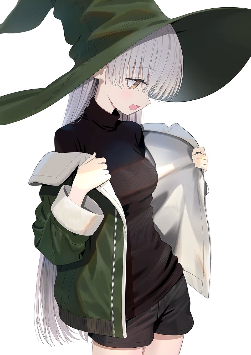 1girl bangs black_shorts black_sweater breasts green_headwear green_jacket hat highres jacket long_hair long_sleeves medium_breasts open_clothes open_jacket open_mouth orange_eyes original profile short_shorts shorts simple_background solo sweater turtleneck turtleneck_sweater very_long_hair wasabi60 white_background white_hair witch_hat