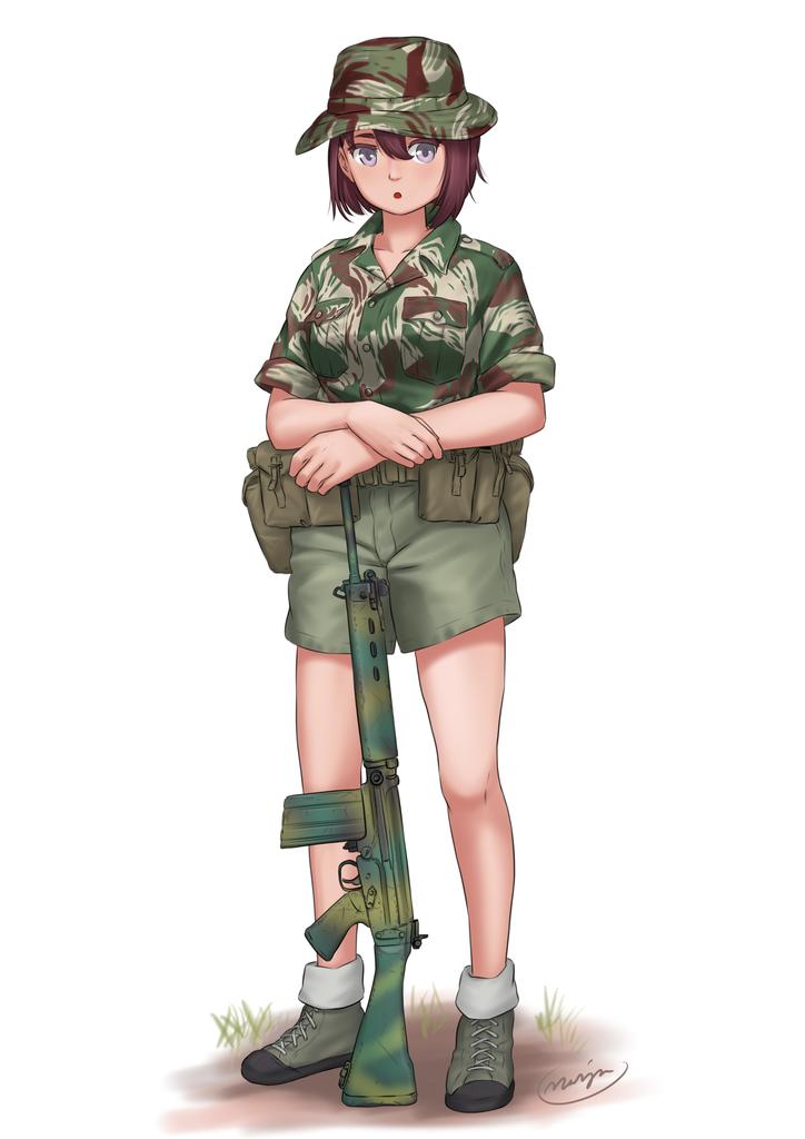 1girl ammunition_pouch battle_rifle belt belt_pouch boonie_hat breasts brown_belt brown_hair camouflage camouflage_headwear camouflage_shirt canteen collared_shirt commentary dirt english_commentary fn_fal full_body green_footwear green_headwear green_shirt green_shorts grey_eyes gun hair_between_eyes hand_on_own_arm hat legs mardjan military military_hat military_uniform multicolored_clothes multicolored_headwear multicolored_shirt open_collar original parted_lips pocket pouch rhodesia rhodesian_brushstroke rhodesian_light_infantry rifle shirt shoelaces shoes short_hair short_shorts shorts signature simple_background sleeves_rolled_up soldier solo standing straight-on uniform utility_belt weapon white_background