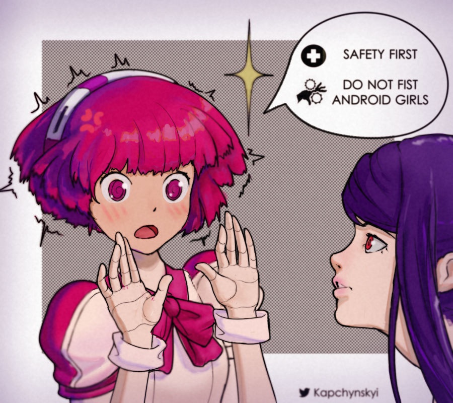 2girls @_@ artist_name blush doll_joints dorothy_haze english_commentary english_text jill_stingray joints kapchynskyi multiple_girls open_mouth purple_hair red_eyes red_hair short_hair sidelocks speech_bubble trembling va-11_hall-a white_footwear wide-eyed wrist_cuffs