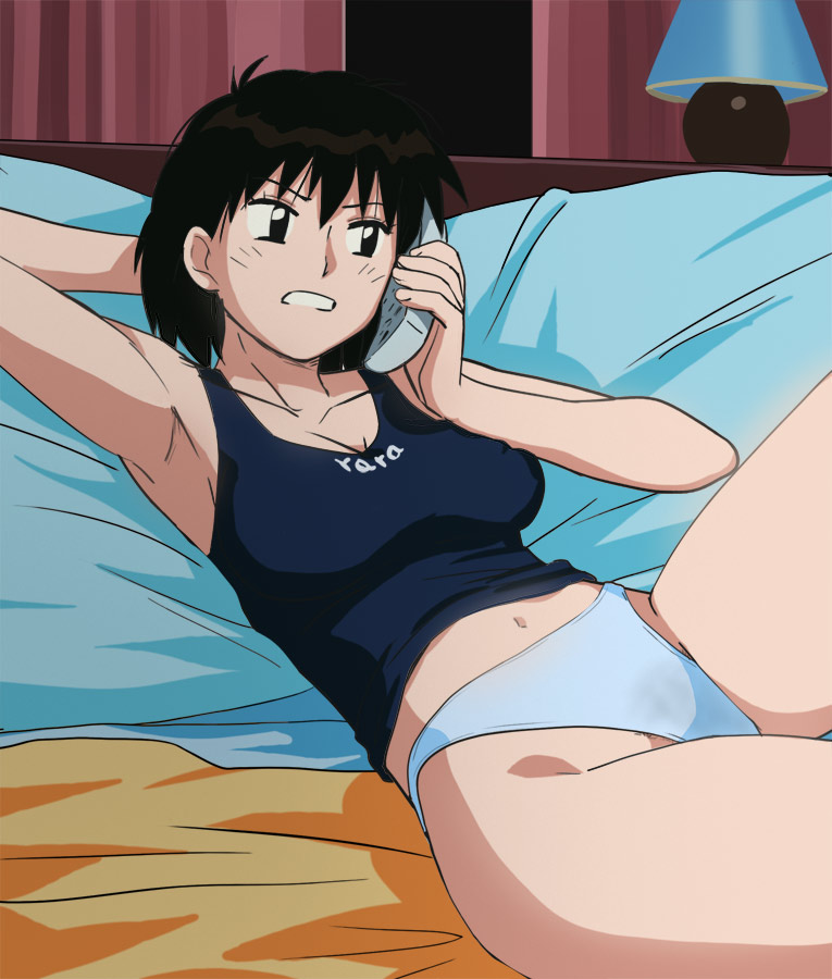 1990s_(style) 1girl armpits bangs bed black_eyes black_hair black_tank_top blanket bob_cut breasts cleavage collarbone cordless_phone curtains hair_between_eyes haruyama_kazunori headboard imai_kirara kirara_(yui_toshiki) lamp navel night no_pants on_bed panties phone pillow pubic_hair pubic_hair_peek retro_artstyle see-through short_hair solo talking_on_phone tank_top underwear window