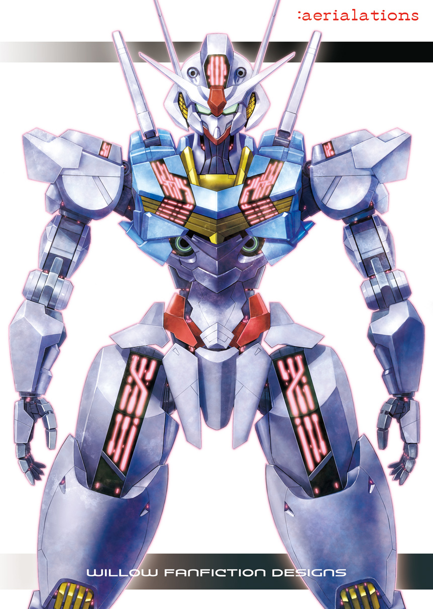 comiket_101 cover cover_page doujin_cover green_eyes gundam gundam_aerial gundam_suisei_no_majo highres looking_at_viewer mecha mobile_suit no_humans open_hands robot science_fiction solo straight-on v-fin white_background yanagi_joe
