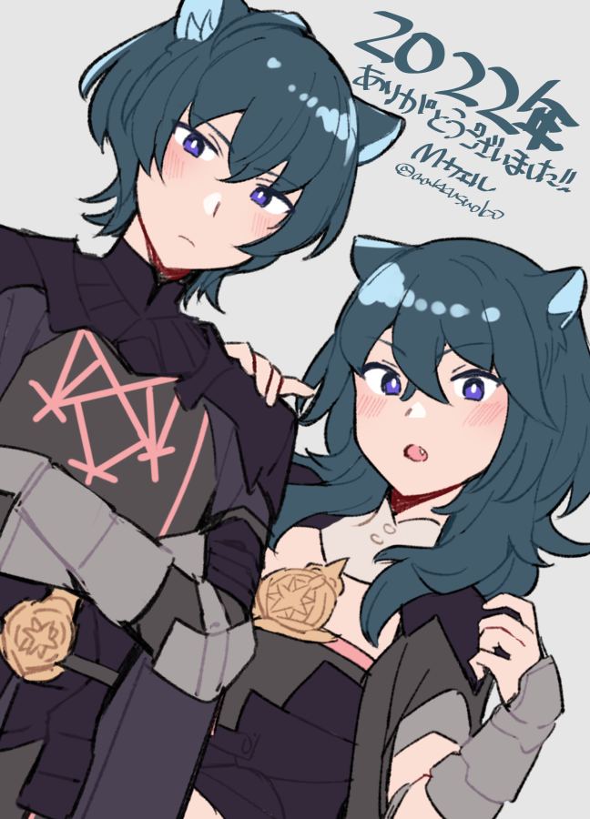 1boy 1girl 2022 :o animal_ears armor bangs black_armor black_cape blue_hair blush byleth_(fire_emblem) byleth_(fire_emblem)_(female) byleth_(fire_emblem)_(male) cape cat_ears closed_mouth commentary_request crossed_arms do_m_kaeru fang fire_emblem fire_emblem:_three_houses gauntlets grey_background hair_between_eyes hand_on_another's_shoulder height_difference kemonomimi_mode long_hair looking_at_viewer purple_eyes short_hair simple_background translation_request twitter_username