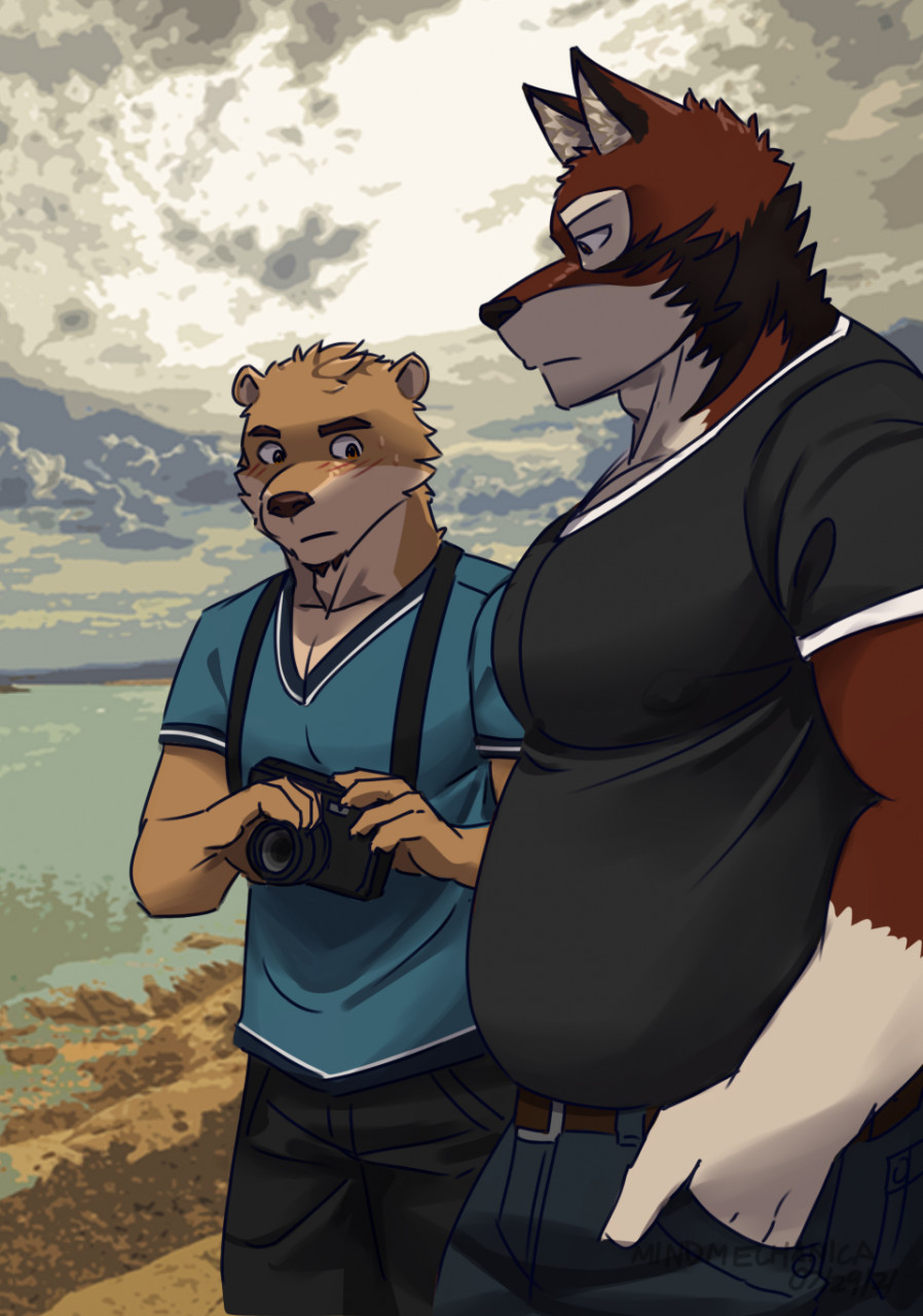 2boys artist_name bara black_pants black_shirt blue_shirt blush camera chase_hunter closed_mouth cloud cloudy_sky commentary dated echo_(visual_novel) echo_project english_commentary furry furry_male furry_with_furry hand_in_pocket highres holding holding_camera lake leo_alvarez looking_at_another looking_down male_focus meme mindmechanica multiple_boys outdoors pants pectoral_envy_(meme) plump shirt short_sleeves sky standing sweat sweatdrop watermark wolf_boy