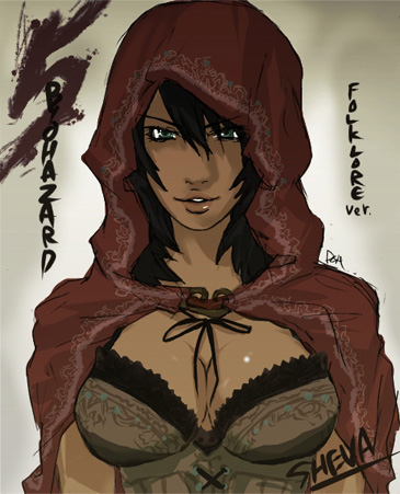 alternate_costume artist_request black_hair breasts cosplay folklore grimm's_fairy_tales hood large_breasts little_red_riding_hood little_red_riding_hood_(grimm) little_red_riding_hood_(grimm)_(cosplay) lowres resident_evil resident_evil_5 sheva_alomar solo