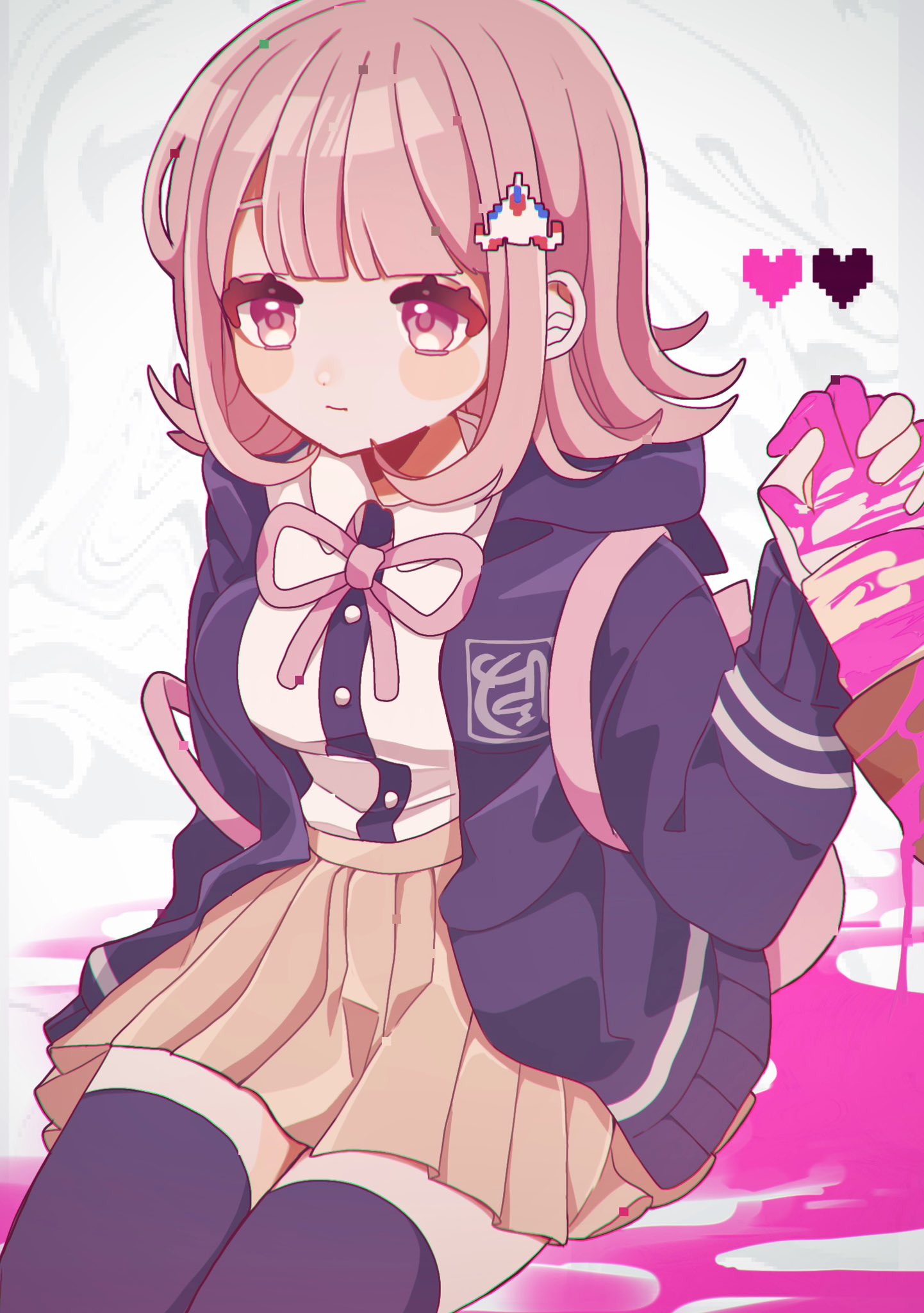 1girl ameko53133 bangs black_shirt black_thighhighs blood blush_stickers breasts brown_hair brown_skirt collared_shirt commentary_request danganronpa_(series) danganronpa_2:_goodbye_despair danganronpa_3_(anime) dress_shirt flipped_hair hair_ornament hand_up heart highres holding_hands hood hooded_jacket jacket large_breasts long_sleeves looking_at_viewer medium_hair miniskirt nanami_chiaki neck_ribbon pink_blood pink_eyes pink_ribbon pleated_skirt ribbon shirt shirt_tucked_in skirt solo_focus spoilers thighhighs white_shirt