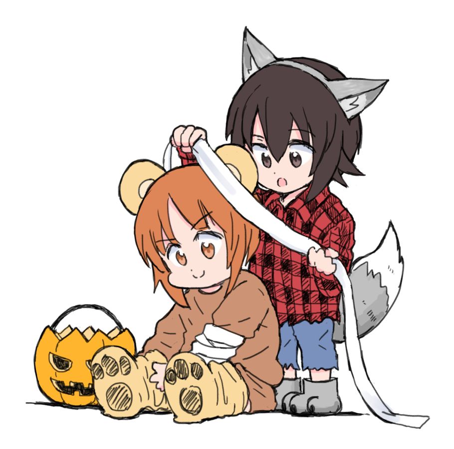 2girls animal_ears arm_up bangs bear_ears blue_pants boko_(girls_und_panzer) boko_(girls_und_panzer)_(cosplay) brown_eyes brown_hair brown_pants brown_shirt closed_mouth collared_shirt cosplay fake_animal_ears fake_tail girls_und_panzer grey_footwear halloween halloween_bucket halloween_costume holding holding_bandages looking_at_another multiple_girls mutsu_(layergreen) nishizumi_maho nishizumi_miho open_mouth pants paw_shoes plaid plaid_shirt red_shirt shirt short_hair siblings sisters sitting smile standing tail wolf_ears wolf_tail