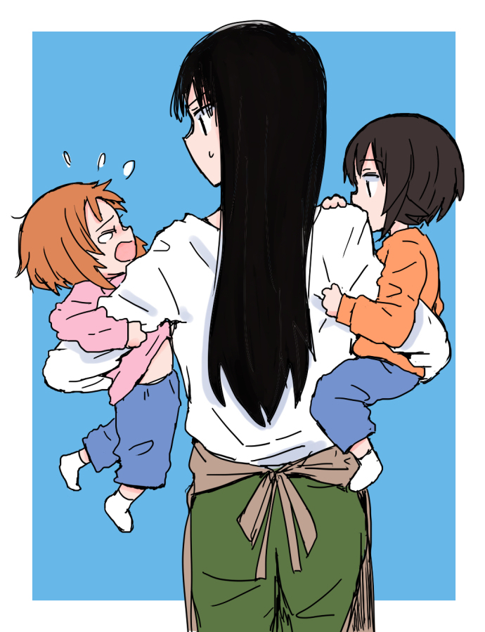 3girls aged_down apron black_hair carrying carrying_person child crying female_child girls_und_panzer long_hair mother_and_daughter multiple_girls mutsu_(layergreen) nishizumi_maho nishizumi_miho nishizumi_shiho orange_hair short_hair simple_background sweatdrop