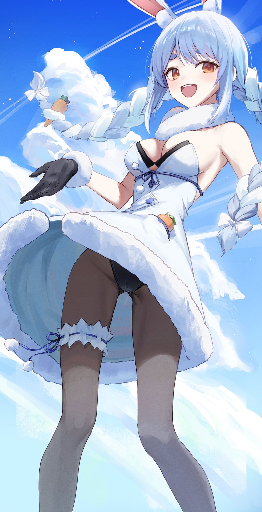1girl animal_ears bangs bare_shoulders black_gloves black_leotard blue_hair blue_sky blush braid braided_ponytail breasts brown_pantyhose carrot_hair_ornament clear_sky cleavage cloud cowboy_shot day dress food-themed_hair_ornament from_below gloves gnns hair_ornament highres hololive leotard leotard_peek light_particles looking_at_viewer medium_breasts open_mouth outdoors pantyhose rabbit_ears red_eyes shiny shiny_hair sky smile solo standing teeth thick_eyebrows thighlet upper_teeth_only upskirt usada_pekora virtual_youtuber white_dress