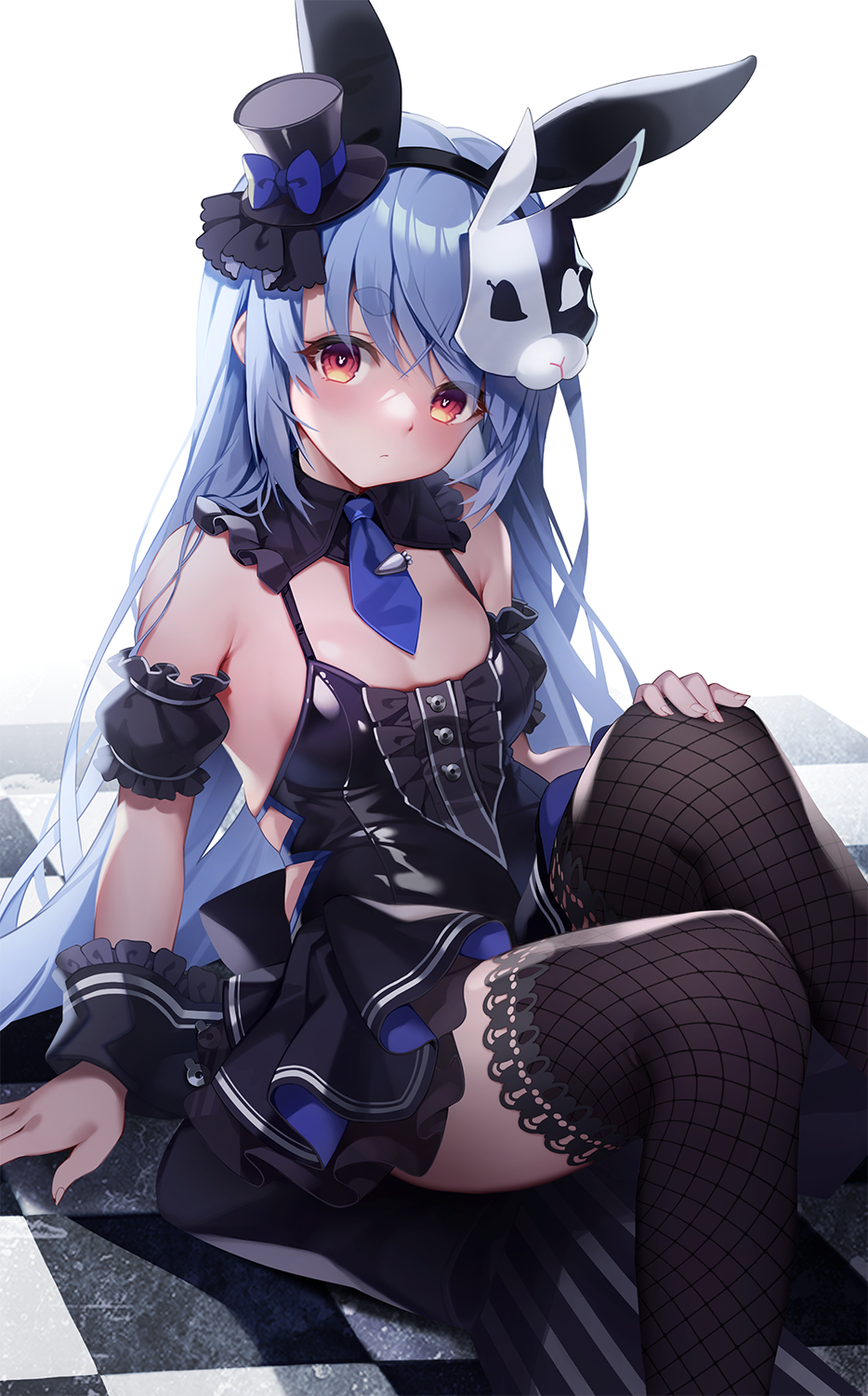 1girl animal_ears black_dress blue_hair blush bow bunny_mask checkered_floor detached_sleeves dress fake_animal_ears feet_out_of_frame fishnet_thighhighs fishnets frilled_sleeves frills hand_on_own_knee hat hat_bow highres hololive long_hair looking_at_viewer mask mask_on_head mini_hat mini_top_hat necktie pinki_o64 puffy_short_sleeves puffy_sleeves rabbit_ears red_eyes short_necktie short_sleeves sitting solo thick_eyebrows thighhighs top_hat usada_pekora very_long_hair virtual_youtuber wrist_cuffs