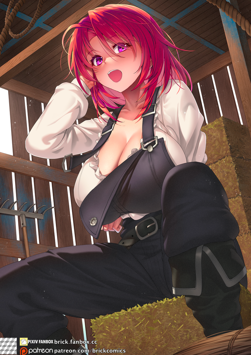 1girl arm_under_breasts belt belt_buckle black_belt black_footwear black_overalls boots breast_hold breasts brick_(atelier_brick) buckle cleavage cow_girl_(goblin_slayer!) frilled_shirt frills goblin_slayer! hand_up hay large_breasts long_sleeves looking_at_viewer medium_hair open_mouth overalls patreon_logo patreon_username purple_eyes red_hair shirt sitting solo web_address white_shirt