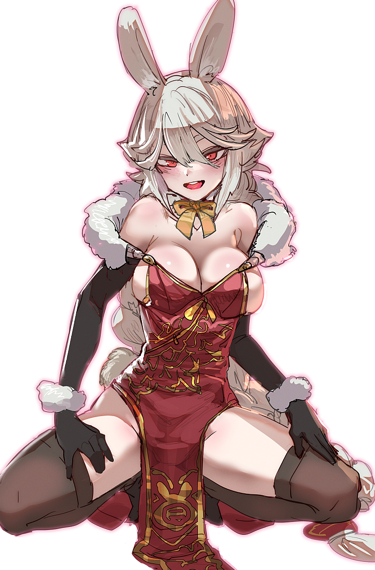 1girl animal_ears black_gloves bow bow_(bhp) bowtie breasts brown_thighhighs chinese_commentary cleavage commentary_request dress fur-trimmed_dress fur_trim gloves hair_between_eyes large_breasts long_hair open_mouth original pelvic_curtain rabbit_ears rabbit_girl rabbit_tail red_dress red_eyes simple_background smile solo squatting tail thighhighs white_background white_hair yellow_bow yellow_bowtie