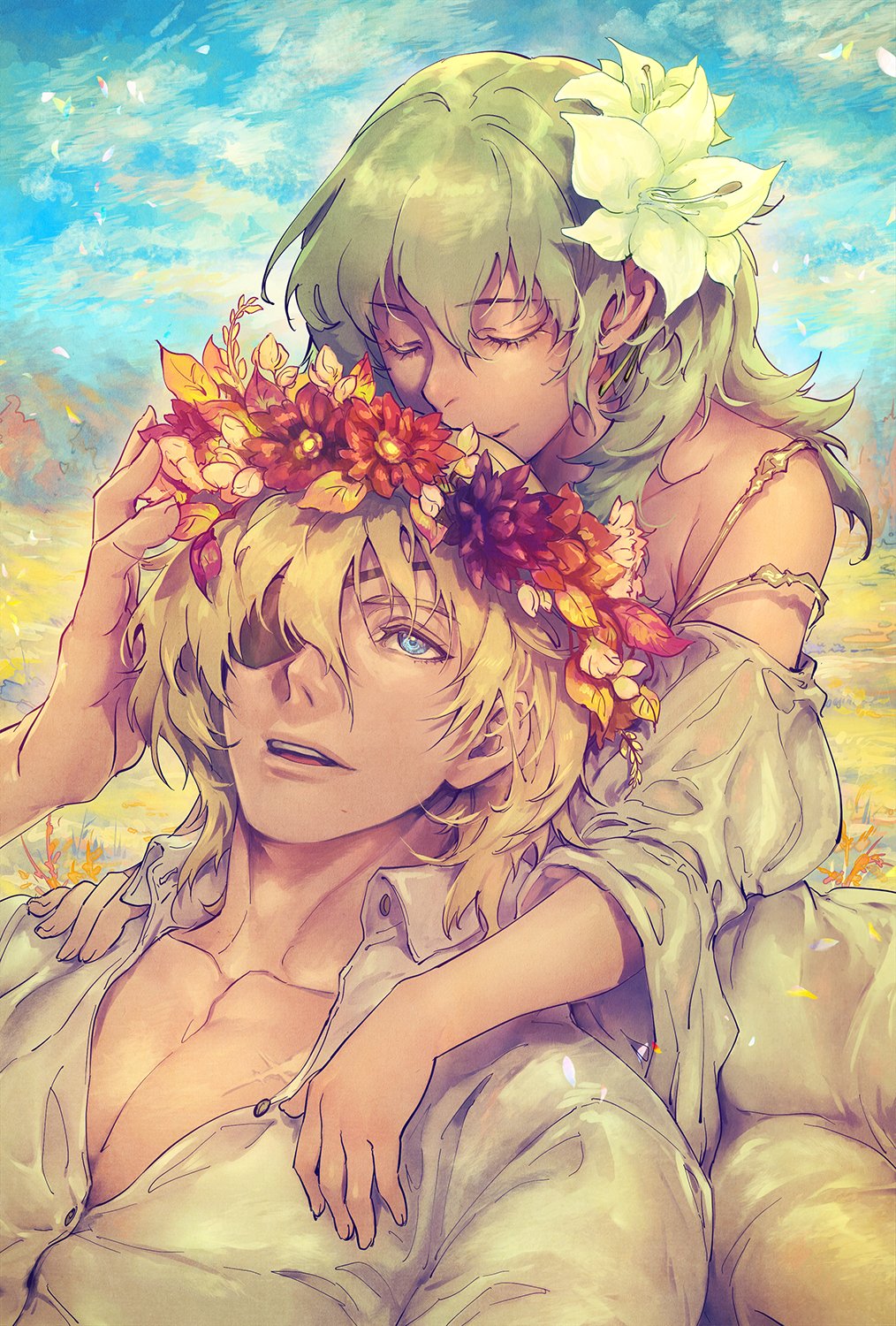 1boy 1girl arms_around_neck blonde_hair blue_eyes byleth_(fire_emblem) byleth_(fire_emblem)_(female) closed_eyes collarbone collared_shirt dimitri_alexandre_blaiddyd eyepatch fire_emblem fire_emblem:_three_houses flower green_hair hair_between_eyes hair_flower hair_ornament hand_on_another's_shoulder head_wreath hetero highres kin_mokusei long_hair medium_hair off-shoulder_shirt off_shoulder one_eye_covered outdoors parted_lips pectorals shirt smile upper_body white_shirt