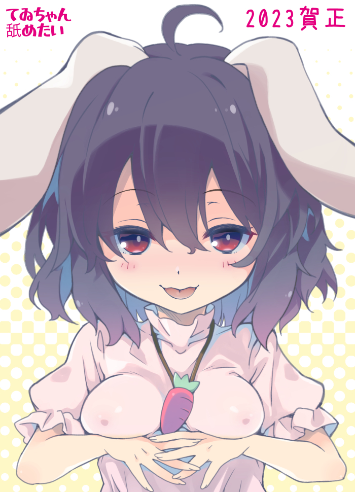 1girl 2023 ahoge animal_ears bangs black_hair blush breast_lift breasts carrot_necklace chinese_zodiac commentary_request covered_nipples floppy_ears frilled_sleeves frills hair_between_eyes inaba_tewi jewelry looking_at_viewer medium_breasts medium_hair necklace new_year open_mouth pink_shirt rabbit_ears rabbit_girl red_eyes shirt smile solo tongue tongue_out tororo touhou upper_body year_of_the_rabbit