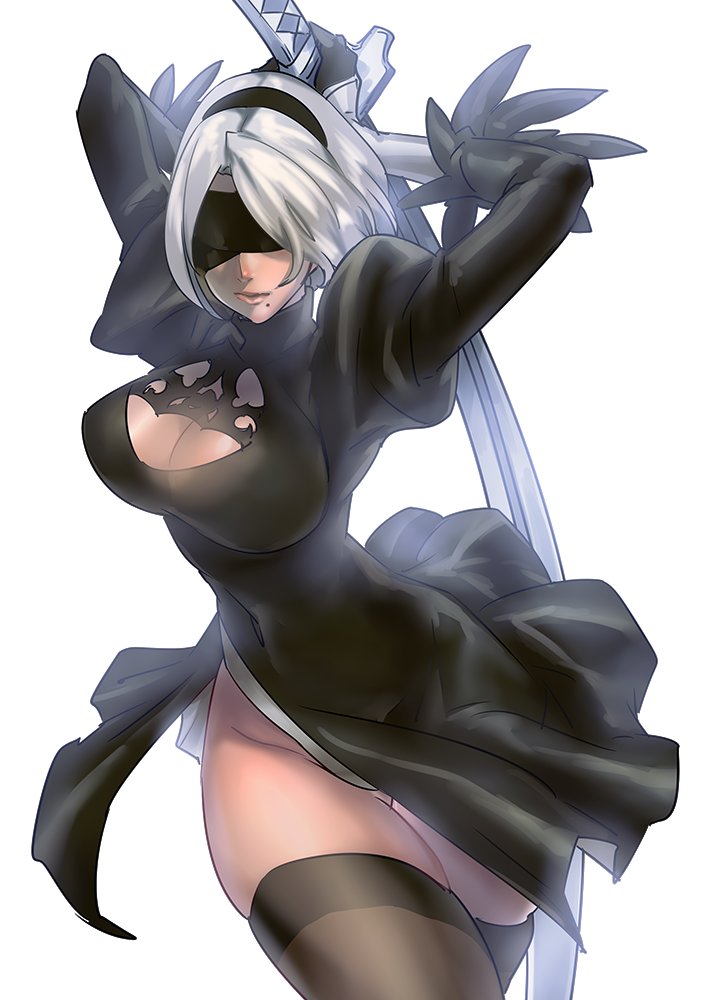 1girl arms_behind_head bangs black_blindfold black_dress black_gloves black_hairband black_thighhighs blindfold bob_cut breasts cleavage cleavage_cutout clothing_cutout covered_eyes cowboy_shot dress facing_viewer feather_trim fighting_stance gloves grey_hair hairband holding holding_sword holding_weapon juliet_sleeves kin_mokusei large_breasts leotard long_sleeves mole mole_under_mouth nier_(series) nier_automata parted_bangs puffy_sleeves short_hair side_slit solo sword thighhighs weapon white_background white_leotard