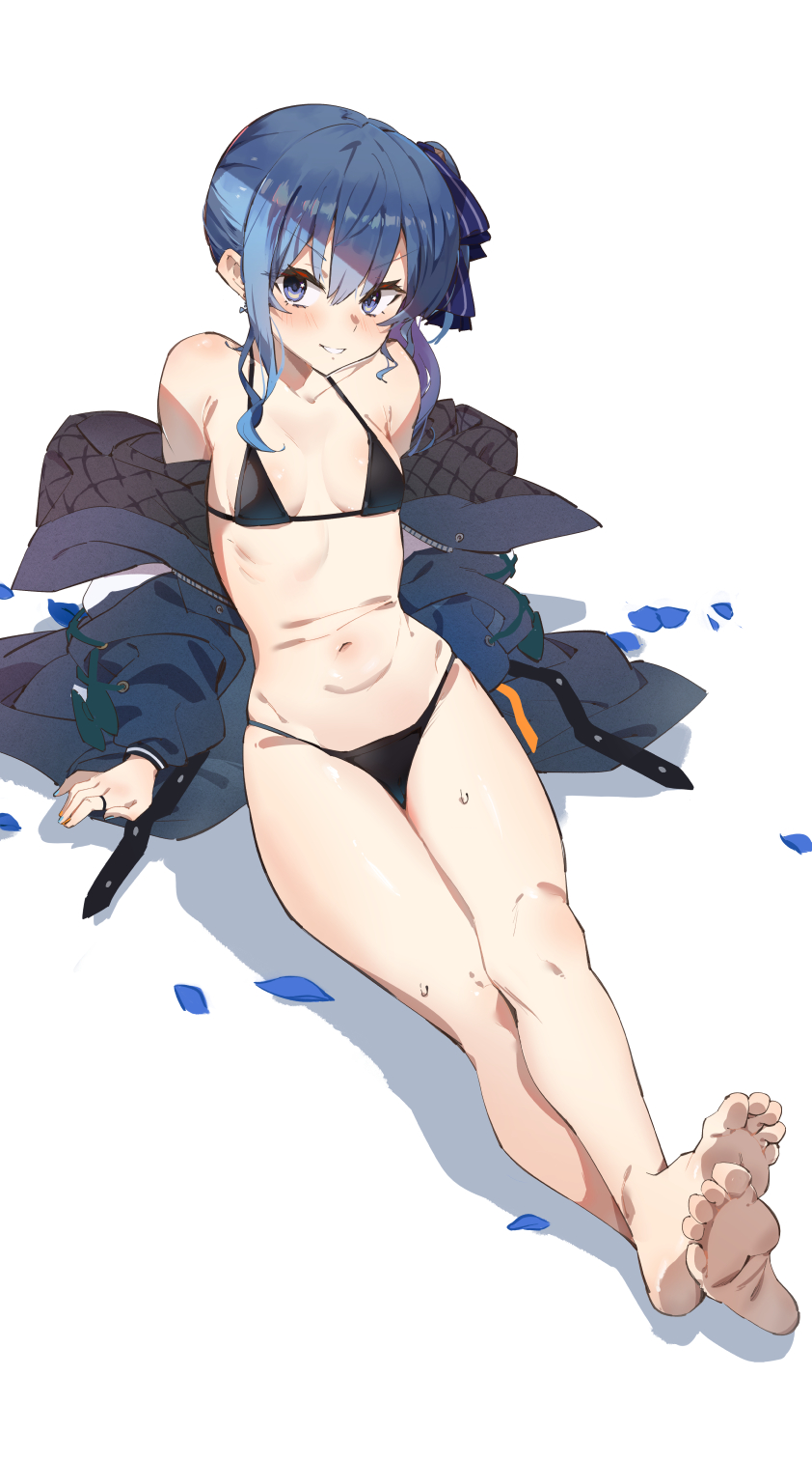 1girl bangs bare_legs bare_shoulders barefoot bikini black_bikini black_jacket blue_eyes blue_hair blush breasts collarbone crossed_ankles feet full_body grin hair_ribbon halterneck highres hololive hoshimachi_suisei jacket jewelry kinki_untouch leaning_back legs long_sleeves looking_at_viewer navel off_shoulder open_clothes open_jacket parted_lips petals ribbon ribs ring shadow sidelocks simple_background sitting skinny small_breasts smile soles solo stomach string_bikini swimsuit teeth thighs toes v-shaped_eyebrows virtual_youtuber white_background