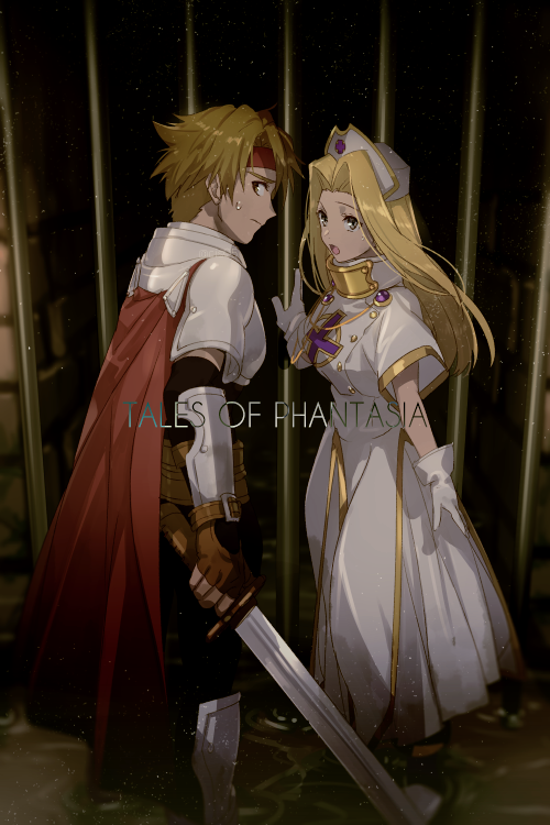 1boy 1girl armor blonde_hair blue_eyes breastplate breasts brick_wall brown_eyes brown_hair cape closed_mouth cress_albane cross dress echo_(circa) gloves greaves hair_intakes hat headband iron_bars long_hair looking_at_viewer looking_back mint_adenade nurse_cap open_mouth pauldrons short_sleeves shoulder_armor sweat sword tales_of_(series) tales_of_phantasia vambraces wading water weapon white_dress white_gloves