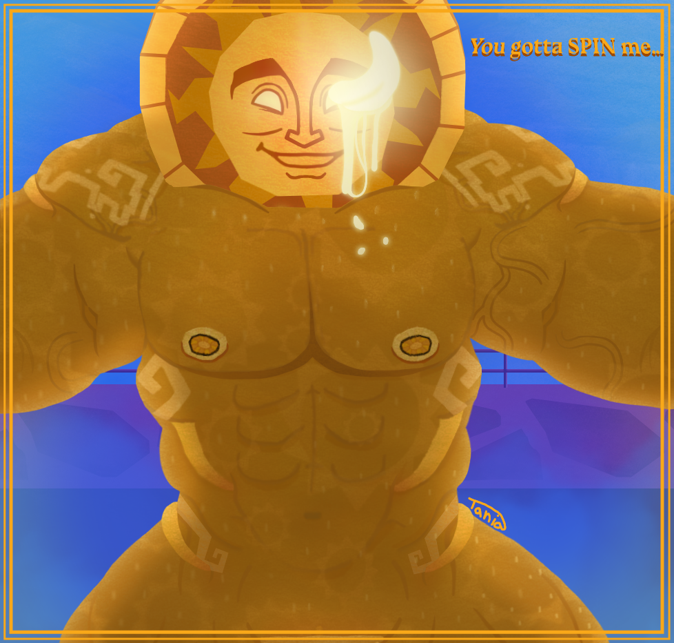 ambiguous_gender bent_over bodily_fluids border deity dialogue digital_media_(artwork) drooling eyebrows fence fighting_flower fog for_a_head glowing glowing_drool glowing_tongue humanoid jackbox_games male markings muscular muscular_humanoid muscular_male nipples not_furry nude object_head pathway pecs saliva signature solo solo_focus sweat talking_to_viewer tattoo text the_jackbox_party_pack the_wheel_of_enormous_proportions the_wheel_of_enormous_proportions_(character) thick_eyebrows tongue tongue_eye tongue_out vein veiny_muscles