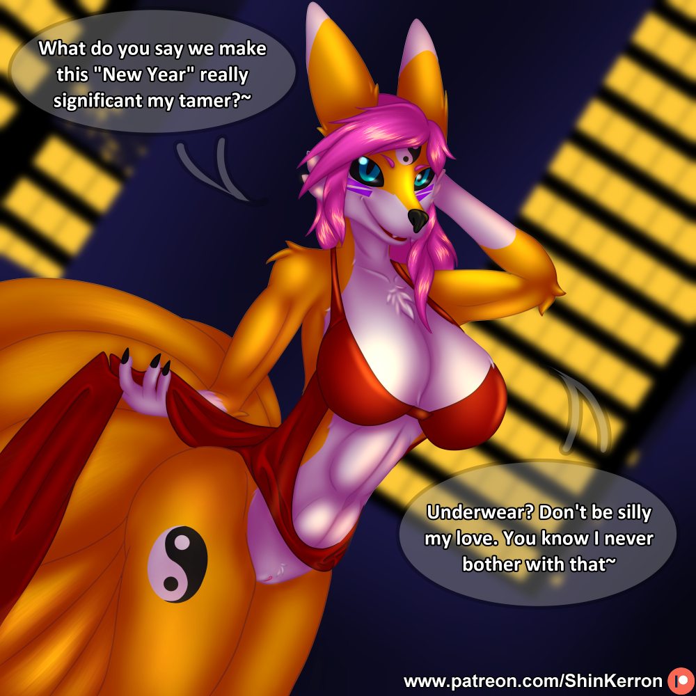 bandai_namco big_breasts biped black_sclera bottomless breasts canid canine chest_tuft clothed clothing daphne_dress digimon digimon_(species) fan_character female fox genitals hair kyubimon mammal multi_tail nude_fashion pink_hair pussy shin_kerron simple_background tail titania tuft