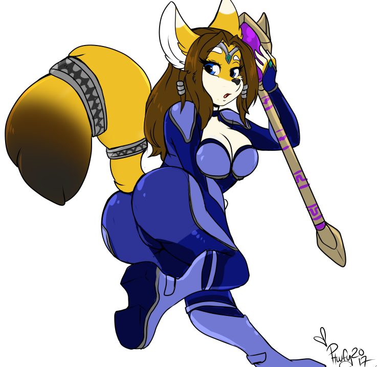 anthro blue_eyes boots breasts brown_hair butt canid canine claire_o'conell clothing female footwear fox hair jumpsuit krystal mammal nintendo phuufy solo staff star_fox tagme tail uberquest webcomic yellow_body