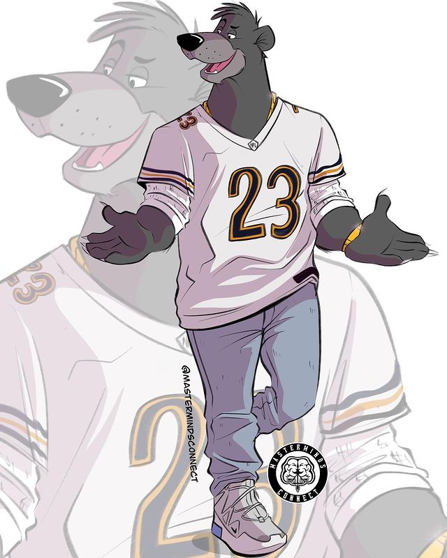 anthro baloo bear black_eyebrows black_eyes black_nose black_pupils bottomwear bracelet clothed clothing denim denim_clothing disney eyebrows fangs footwear freckles fully_clothed fur grey_body grey_fur grin half-closed_eyes happy head_tuft jeans jewelry male mammal mastermindsconnect narrowed_eyes necklace pants pupils sharp_teeth shirt shoes signature simple_background sloth_bear smile smirk smug smug_expression smug_face smug_grin sneakers solo standing t-shirt talespin teeth the_jungle_book thick_eyebrows topwear tuft ursine walking white_background