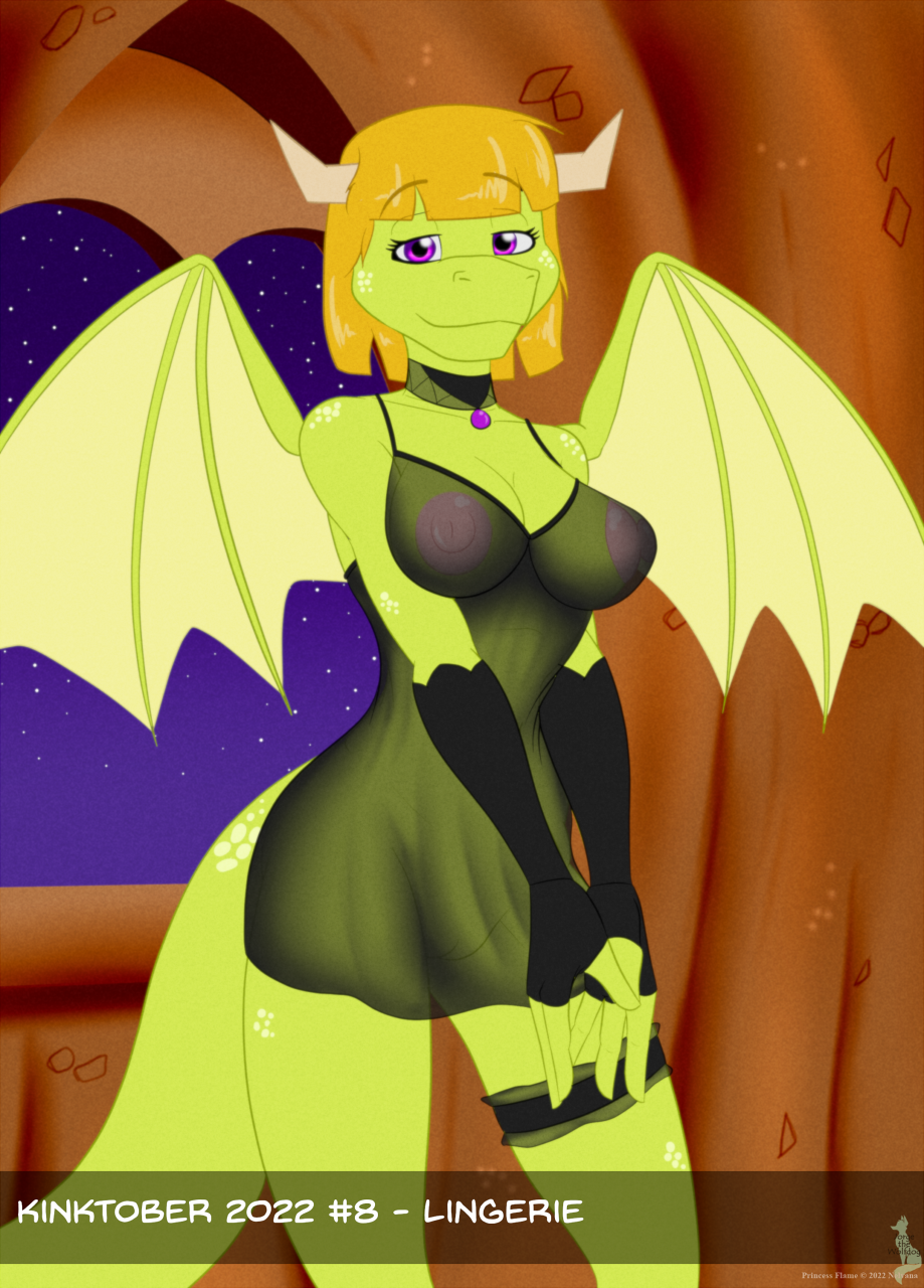 anthro blazing_dragons breasts clothing collar digital_media_(artwork) dragon female fingerless_gloves garter_belt garter_straps genitals gloves hair handwear hi_res horn jorge-the-wolfdog lingerie looking_at_viewer nipples nude princess_flame pussy reptile scalie smile solo topwear translucent translucent_clothing wings