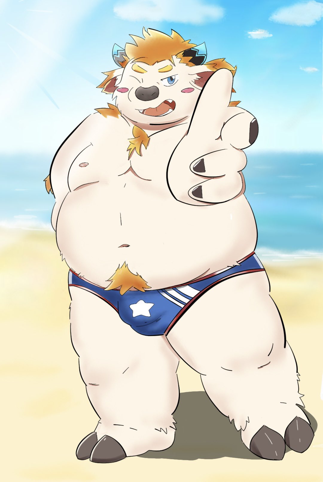 2023 anthro babe_bunyan beach belly big_belly blush bovid bovine bulge cattle clothing detailed_background detailed_bulge hi_res kemono lifewonders male mammal moobs navel nipples one_eye_closed outside overweight overweight_male raio_owo seaside solo swimwear tokyo_afterschool_summoners wink young