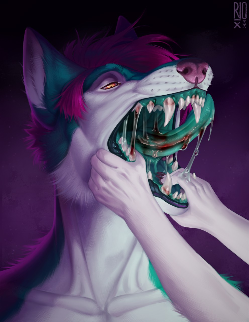 2020 ambiguous_gender anthro artist_logo blood_on_teeth blood_on_tongue blue_body blue_ears blue_fur bodily_fluids canid cheek_tuft dated disembodied_hand duo facial_tuft fangs fur hair hi_res logo male mammal mouth_play mouth_shot multicolored_eyes narrowed_eyes neck_tuft nude open_mouth orange_eyes pink_hair pink_nose riorix saliva saliva_on_tongue saliva_string simple_background solo_focus teeth tuft two_tone_eyes white_body white_fur yellow_eyes