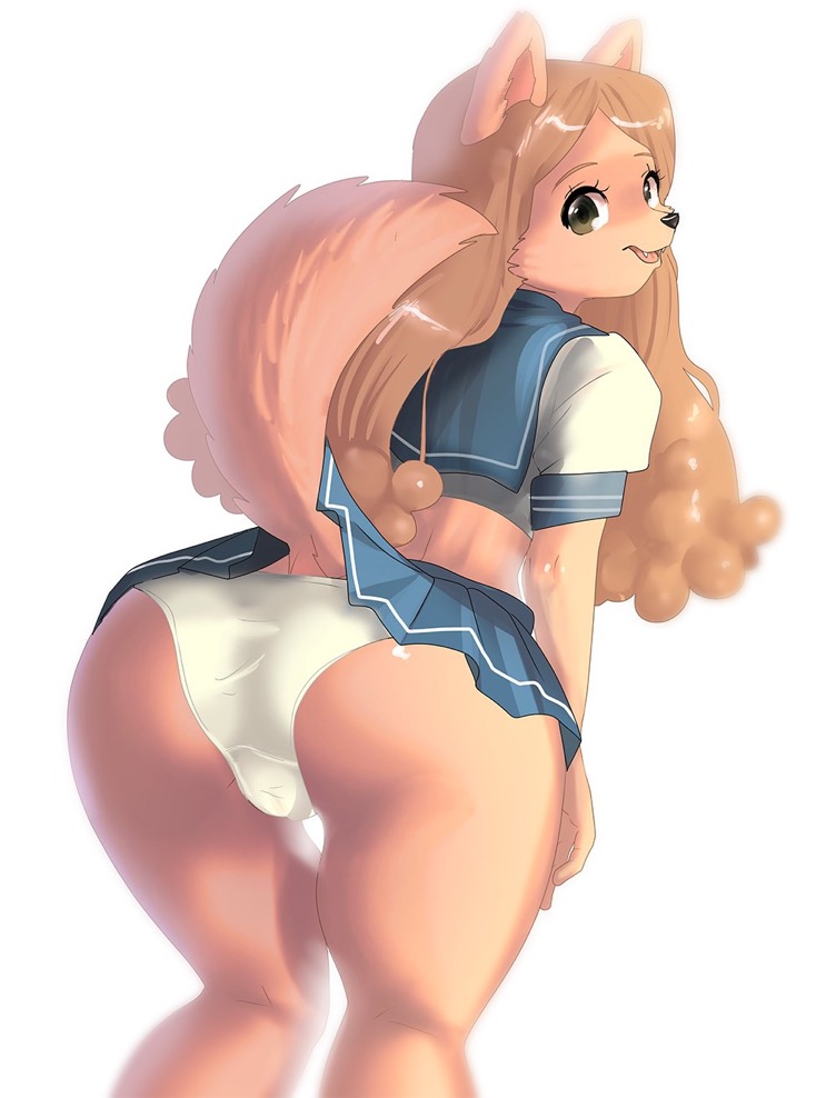 2023 anthro bottomwear canid canine canis clothed clothing digital_media_(artwork) domestic_dog female fur hair long_hair looking_at_viewer mammal nen nendoggo panties pomeranian simple_background skirt smile solo spitz underwear