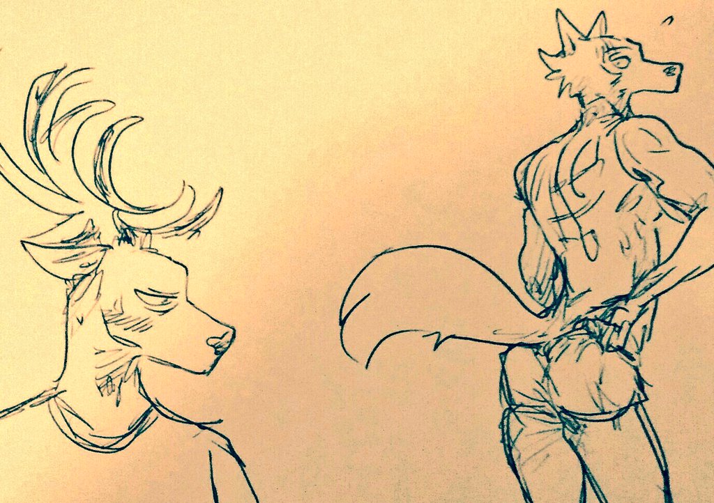 anthro antlers beastars blush bodily_fluids bottomwear butt canid canine canis clothing deer duo horn hotpants legoshi_(beastars) looking_at_butt louis_(beastars) male male/male mammal presenting scar shirtless shorts sweat tight_clothing wolf wuffinarts