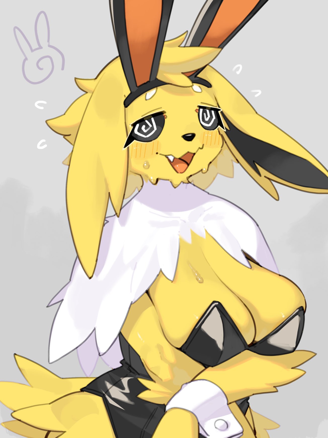 2022 anthro big_breasts biped blush bodily_fluids breasts cleavage clothed clothing digital_media_(artwork) eeveelution fake_ears fake_rabbit_ears female fur generation_1_pokemon hi_res jolteon kame_3 multicolored_body multicolored_fur nervous_smile nintendo pokemon pokemon_(species) simple_background solo spiral_eyes sweat two_tone_body two_tone_fur white_background white_body white_fur yellow_body yellow_fur