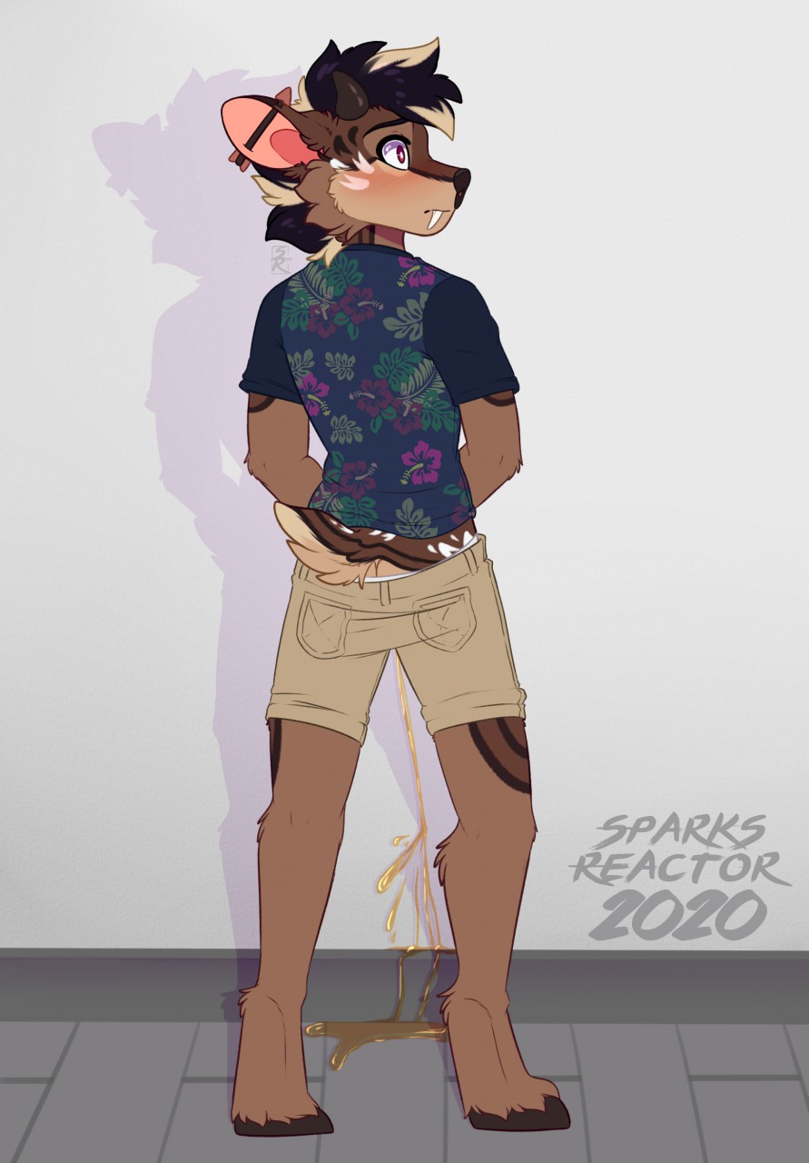 2020 aloha_shirt anthro bodily_fluids bottomwear butt_cleavage clothing deer ear_piercing fangs genital_fluids hi_res hooves male mammal pattern_clothing pattern_shirt pattern_topwear peeing peeing_on_wall piercing scut_tail shadow shirt short_tail shorts signature solo sparksreactor spots stripes tail teeth topwear urine urine_on_wall waistband