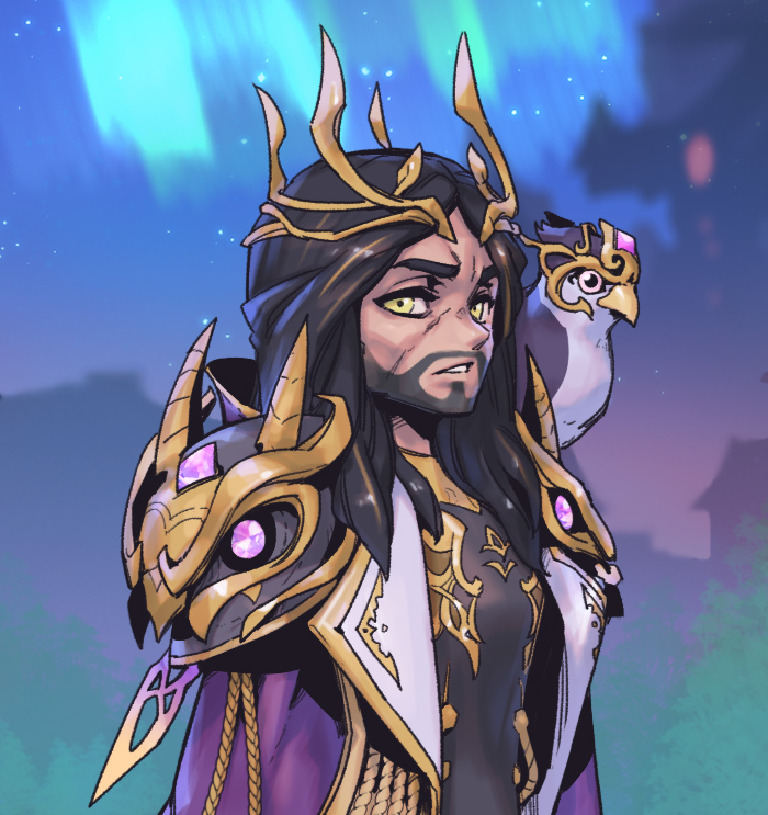 1boy animal_on_shoulder bangs beard beatrice_(league_of_legends) bird bird_on_shoulder brown_hair facial_hair gem jacket league_of_legends long_hair male_focus multicolored_background multicolored_hair official_alternate_costume open_clothes open_jacket parted_lips phantom_ix_row shiny shiny_hair shoulder_plates simple_background solo streaked_hair swain_(league_of_legends) teeth upper_body winterblessed_swain yellow_eyes