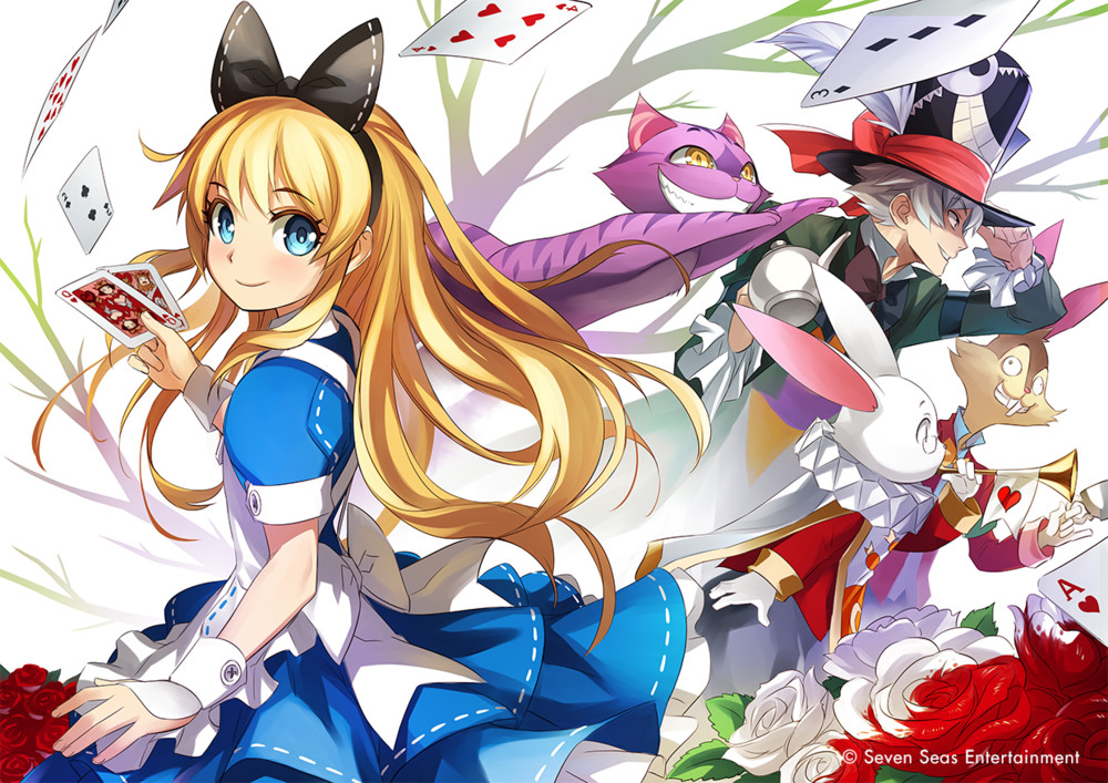 alice_(alice_in_wonderland) alice_in_wonderland apron black_bow blonde_hair blue_dress blue_eyes bow card cheshire_cat_(alice_in_wonderland) commentary cow cup dress english_commentary flower from_side green_jacket hair_bow holding holding_cup jacket kriss_sison long_hair looking_at_viewer mad_hatter_(alice_in_wonderland) march_hare_(alice_in_wonderland) playing_card purple_cat rose smile teacup tree white_apron white_background white_rabbit_(alice_in_wonderland) yellow_eyes