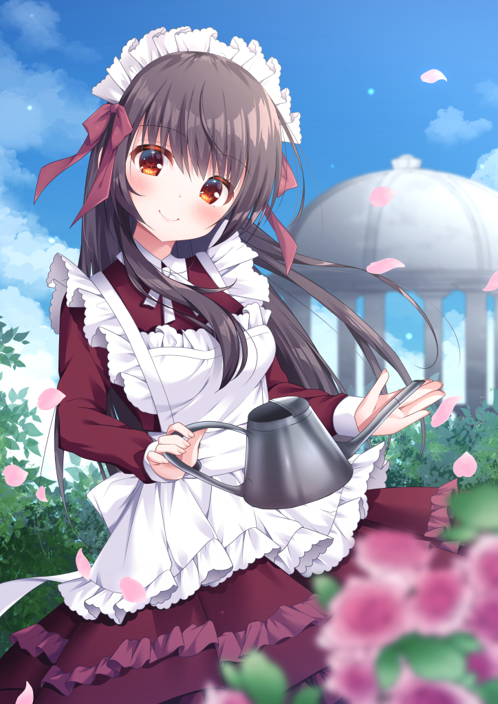 1girl apron bangs black_hair blue_sky blurry blurry_foreground breasts cloud collared_dress commentary_request day depth_of_field dress floating_hair flower frilled_apron frilled_dress frills fujikura_ryuune hair_between_eyes head_tilt holding long_hair maid maid_apron maid_headdress original outdoors petals purple_dress purple_flower purple_rose red_eyes rose sky small_breasts solo very_long_hair watering_can white_apron