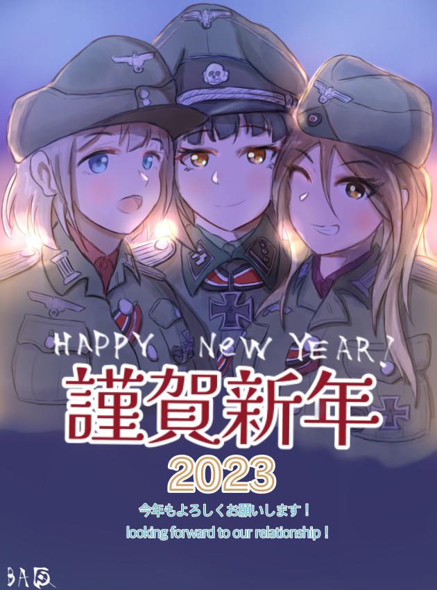 2023 3girls alternate_costume bag1945 bangs bilingual black_hair black_ribbon black_shirt blonde_hair blue_background blue_eyes blunt_bangs brown_eyes buttons closed_mouth collar_tabs collared_shirt cropped_torso cross english_text epaulettes feldgrau garrison_cap grey_headwear grey_jacket grey_shirt hair_between_eyes hair_over_shoulder happy_new_year hat hat_ornament idolmaster idolmaster_shiny_colors iron_cross izumi_mei jacket light_brown_hair long_hair looking_at_viewer m43_field_cap mayuzumi_fuyuko military military_hat military_jacket military_uniform mixed-language_text multicolored_ribbon multiple_girls new_year officer one_eye_closed open_mouth peaked_cap pocket red_ribbon red_shirt reichsadler ribbon rune serizawa_asahi shirt short_hair signature sigrunen skull_hat_ornament smile ss_insignia straylight_(idolmaster) totenkopf two-tone_headwear uniform upper_body wehrmacht white_ribbon world_war_ii yellow_eyes