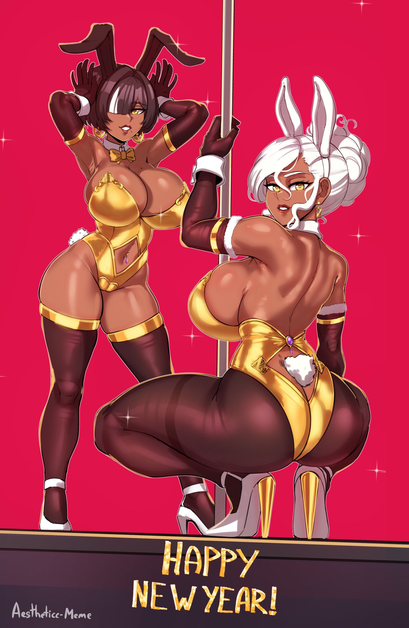 2girls aestheticc-meme animal_ears ass ass_focus black_hair breasts bunny_pose chinese_zodiac commentary_request daniela_(aestheticc-meme) dark-skinned_female dark_skin fake_animal_ears fake_tail gold_leotard happy_new_year high_heels highres huge_ass huge_breasts large_breasts leotard long_hair looking_at_viewer mole mole_on_breast mother_and_daughter multicolored_hair multiple_girls new_year original pantyhose playboy_bunny pole pole_dancing rabbit_ears rabbit_tail sabrina_(aestheticc-meme) squatting strapless strapless_leotard stripper_pole tail thick_thighs thighhighs thighs white_hair year_of_the_rabbit