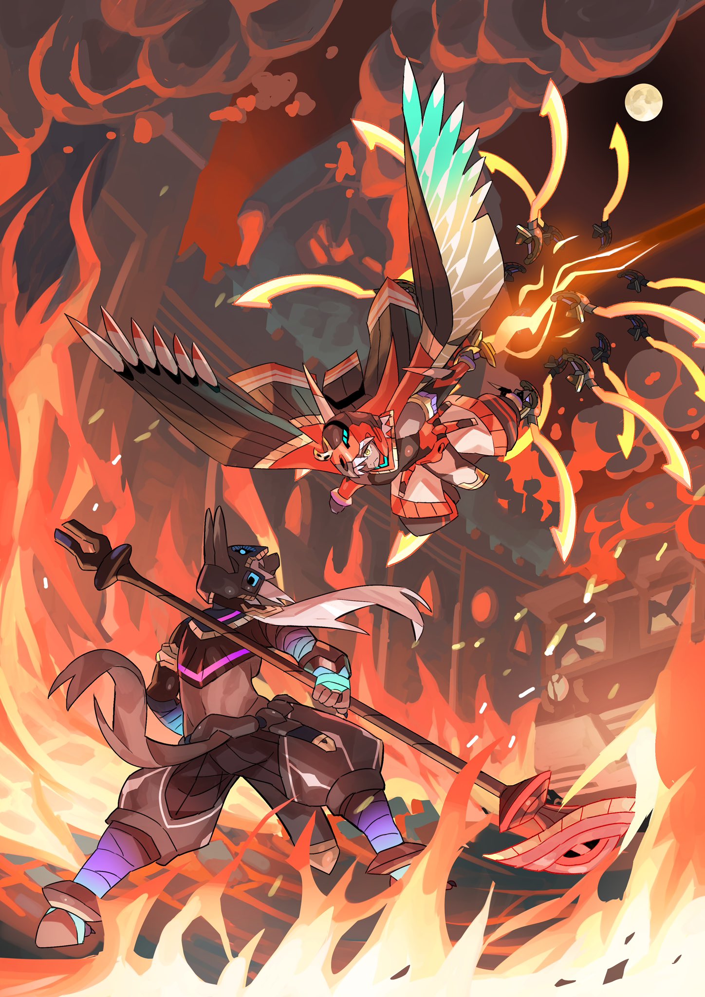 anthro anubian_jackal anubis avian battle boutarou_rx_78 canid canine canis clothed clothing deity duo egyptian_mythology fight fire flying hi_res horus jackal male mammal middle_eastern_mythology moon mythology wings