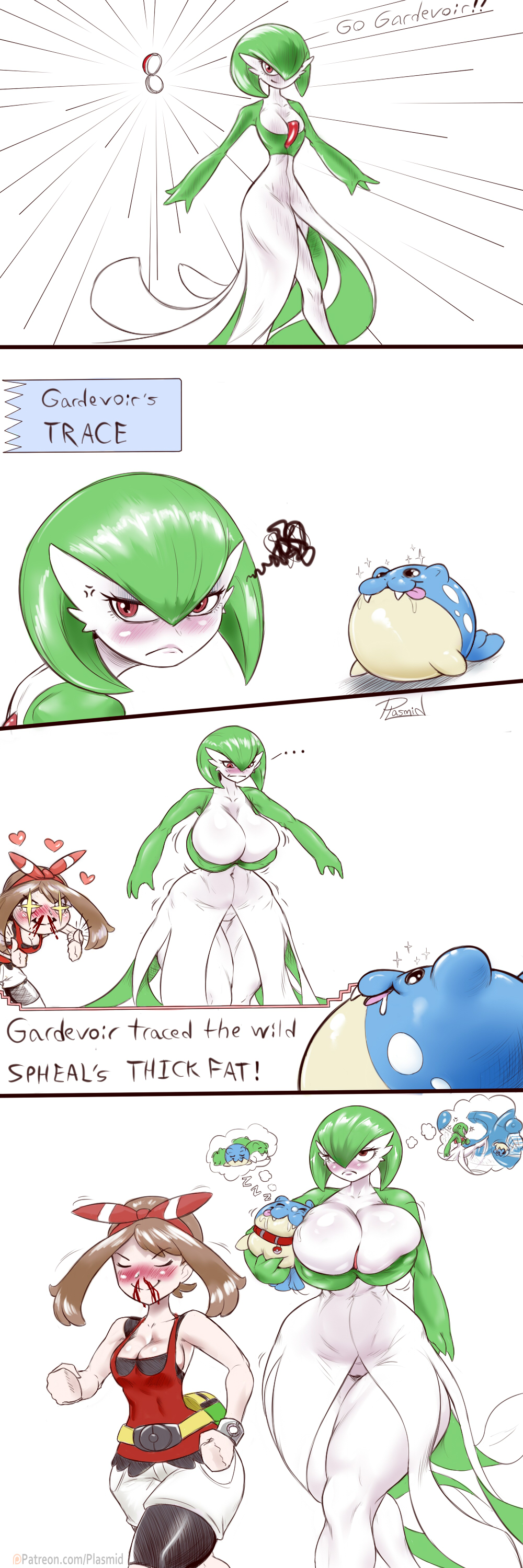 &lt;3 2021 absurd_res angry anthro big_breasts biped blood blush bodily_fluids breast_expansion breasts brown_hair clothed clothing collar comic cross-popping_vein double_thumbs_up english_text expansion eyes_closed female fully_clothed gameplay_mechanics gardevoir generation_3_pokemon gesture group hair hi_res huge_breasts human mammal may_(pokemon) nintendo nipple_outline nosebleed plasmidhentai pok&eacute;ball_collar pokeball pokemon pokemon_(species) red_collar signature simple_background sleeping smile sound_effects sparkles spheal standard_pokeball star_eyes text text_box thigh_expansion thought_bubble thumbs_up tongue tongue_out trio vowelless vowelless_sound_effect white_background zzz