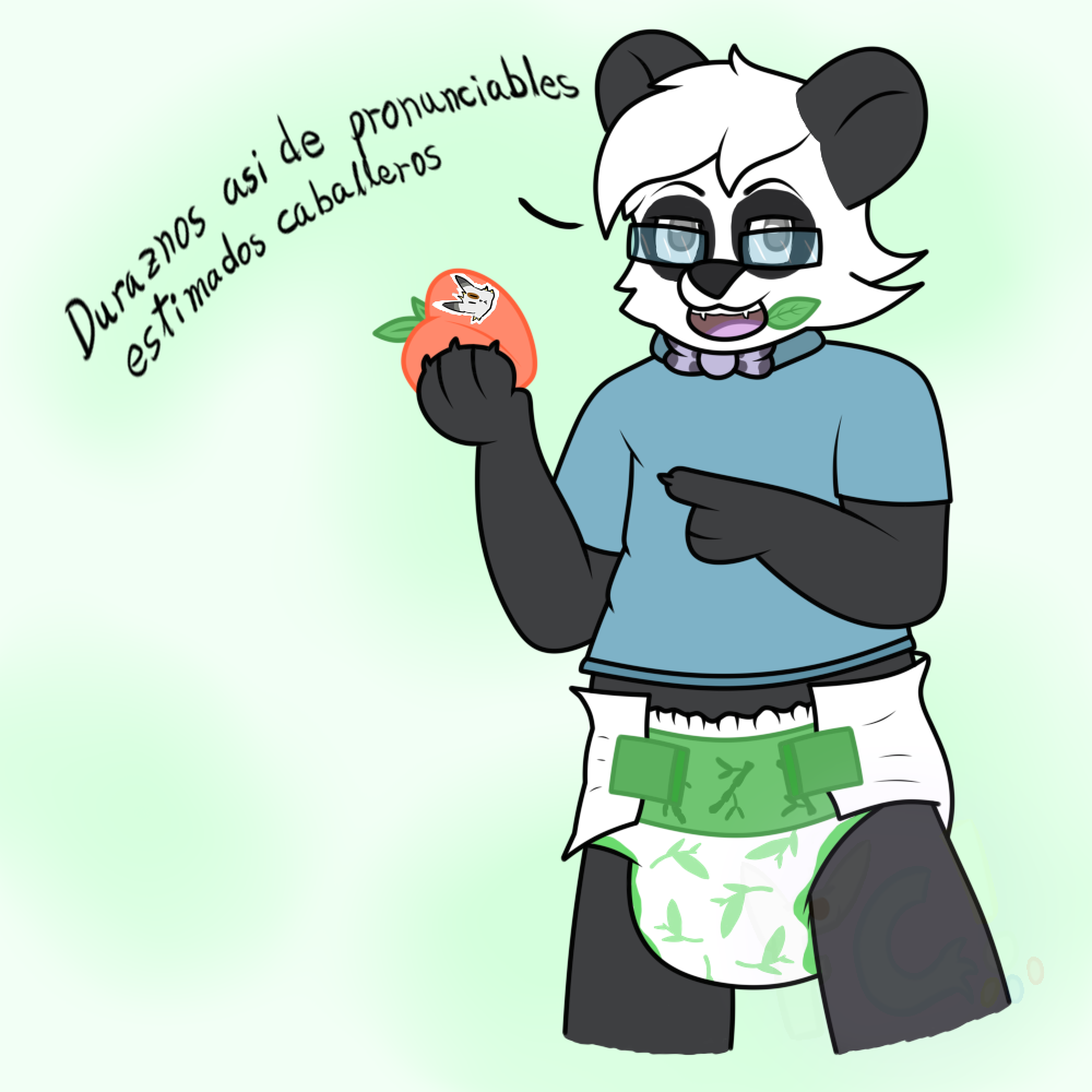 bamboo bear black_and_white_fur clothed clothing diaper dominic_(fennecat) eyewear fennecat_(artist) food fruit giant_panda glasses infantilism leaf_in_mouth male mammal peach_(fruit) plant solo spanish_text sticker text translated watermark wearing_diaper