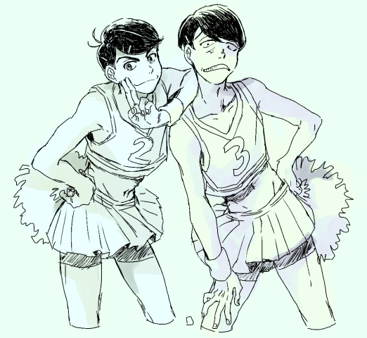 2boys anger_vein arm_support bike_shorts_under_skirt bracelet brothers cheerleader contrapposto crop_top crossdressing hand_on_hip holding holding_pom_poms jewelry looking_at_viewer male_focus matsuno_choromatsu matsuno_karamatsu midriff miniskirt multiple_boys navel nezumi_sion osomatsu-san pom_pom_(cheerleading) salute sanpaku shirt short_hair siblings simple_background skirt sleeveless sleeveless_shirt smile sneer two-finger_salute